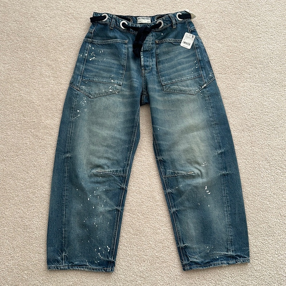 We the free moxie low slung pull on paint splattered barrel Jean. New with tags